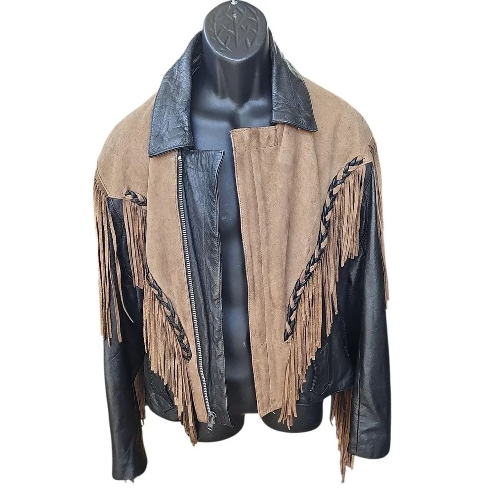 Vintage 80s FMC Leather‎ Fringe Jacket - Western Biker Coat - Men's Large